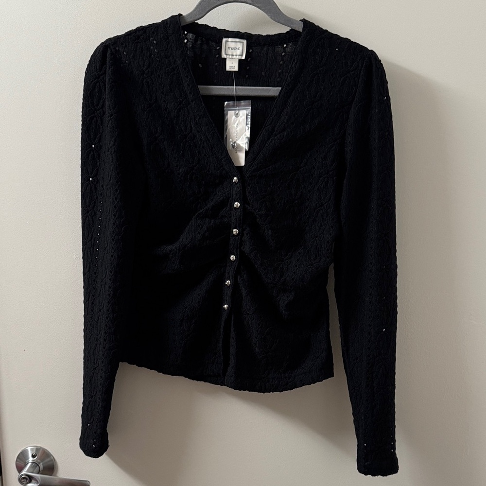 NWT Anthropologie Maeve Black Button-Front Long Sleeve Top